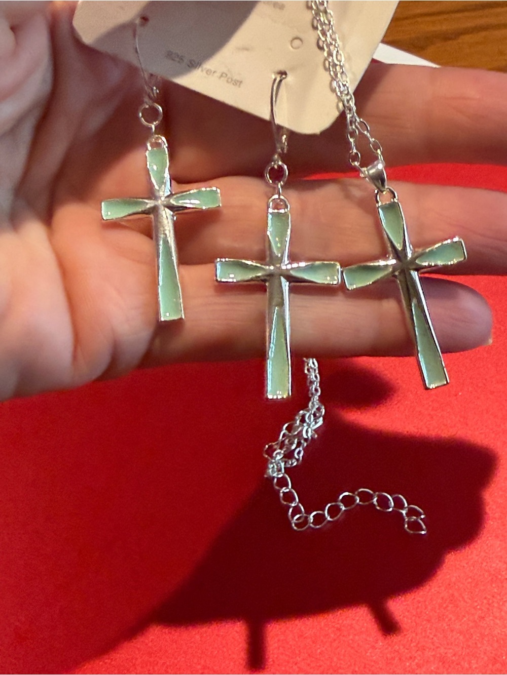 Mint Green Cross Necklace and Earrings Set - Women Jewelry